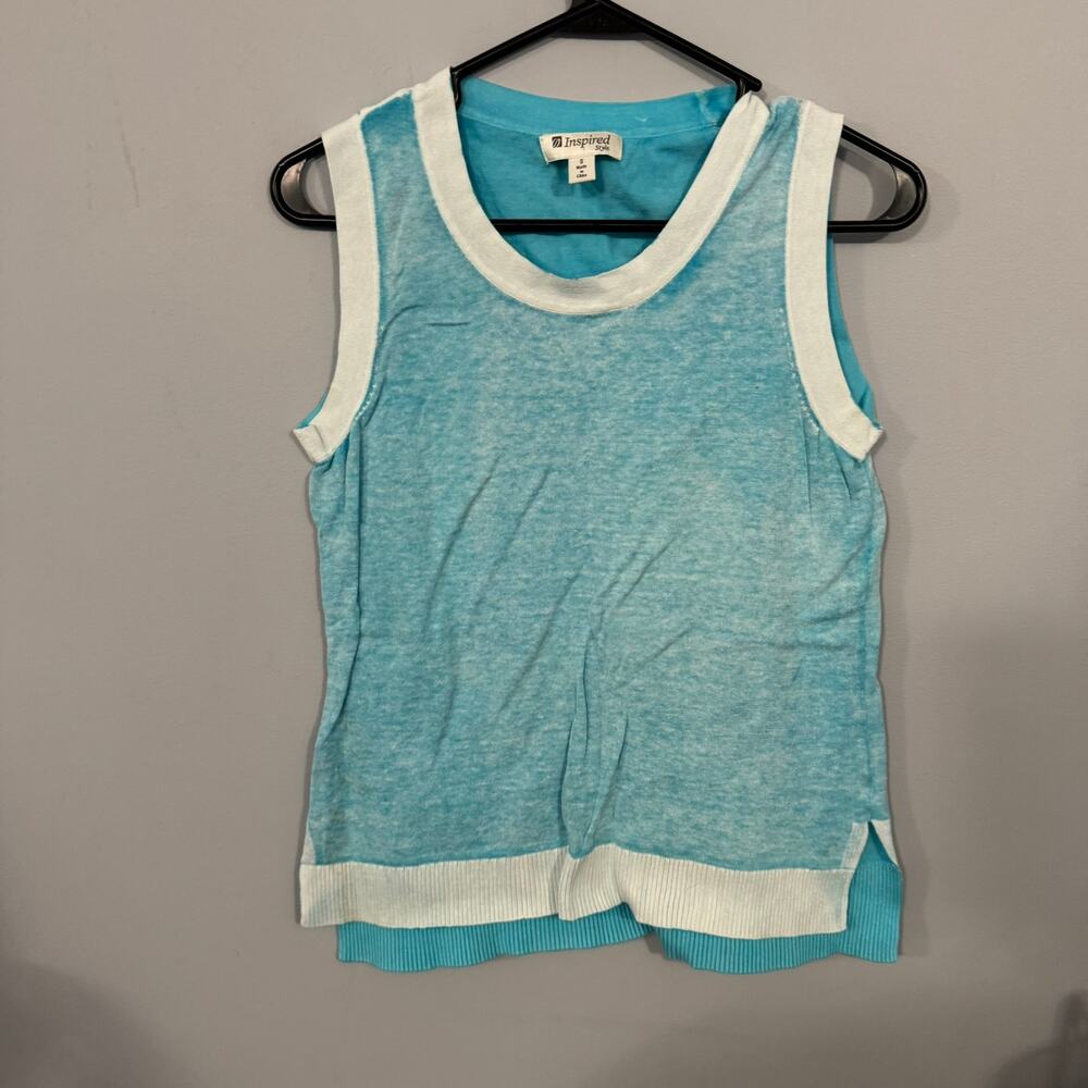 Inspired Style Blue & White Tank Top Sleeveless Women's Size Small 100% Cotton